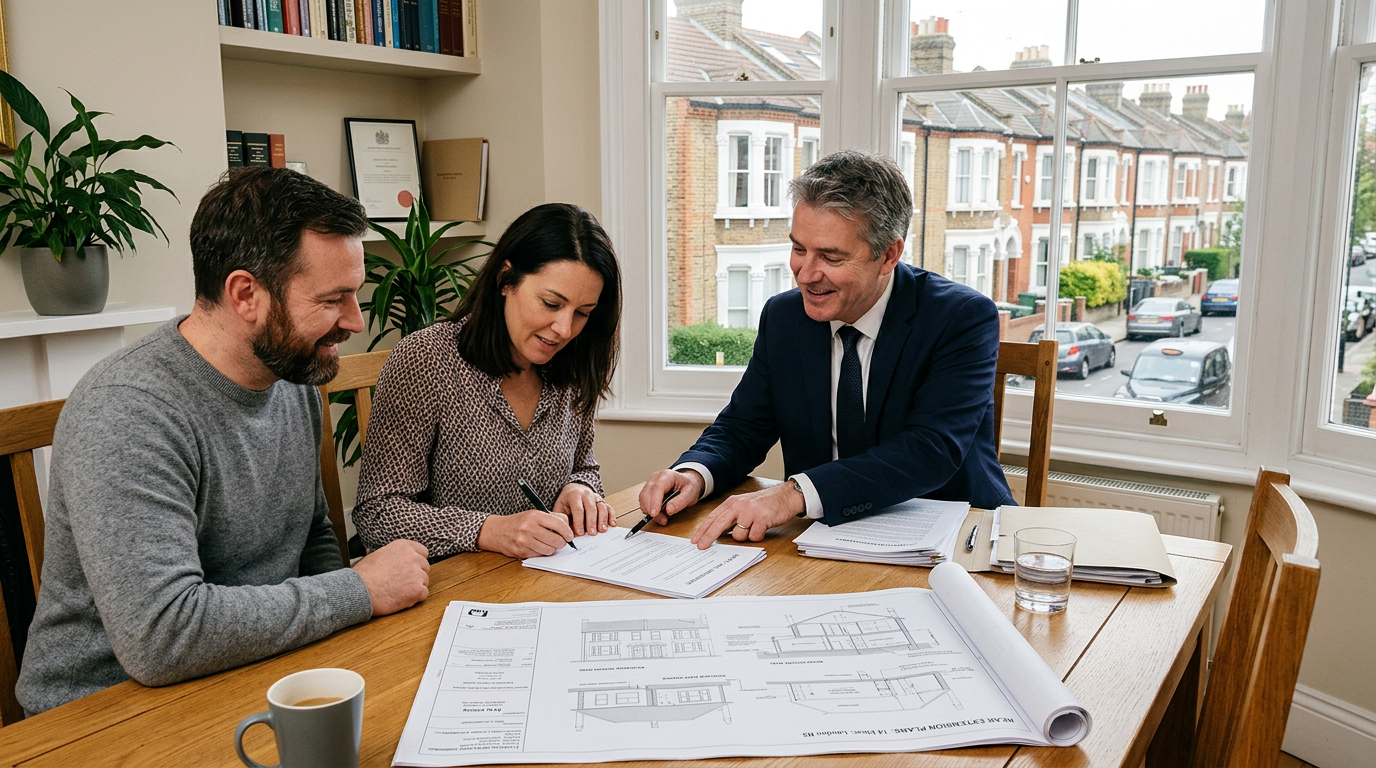 Party wall agreement document being signed by two homeowners