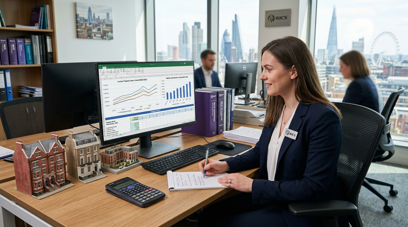 Property valuation report and charts on a surveyor's desk