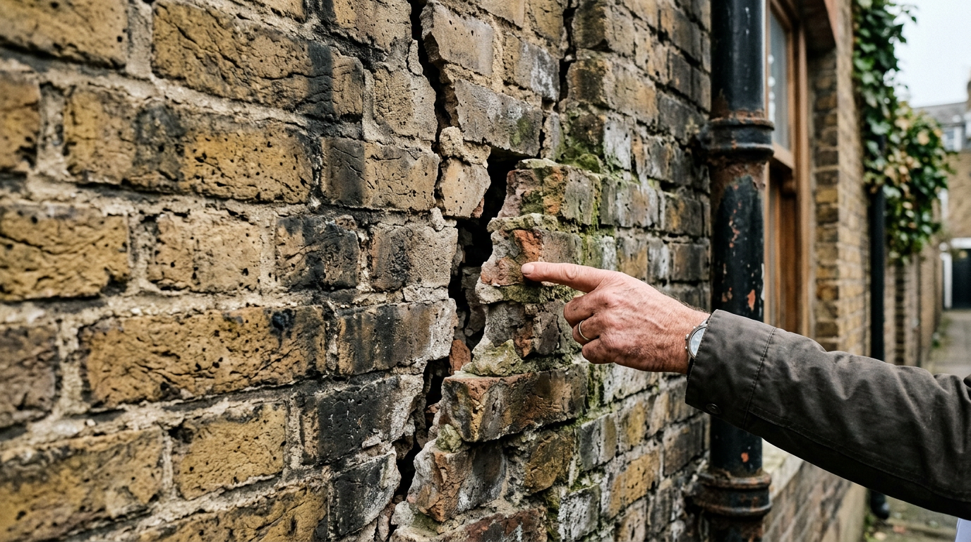 Surveyor examining a specific structural defect on a brick wall