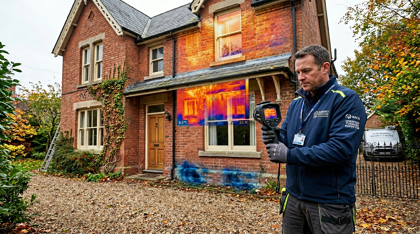 Thermal imaging camera being used to detect damp and heat loss in a property