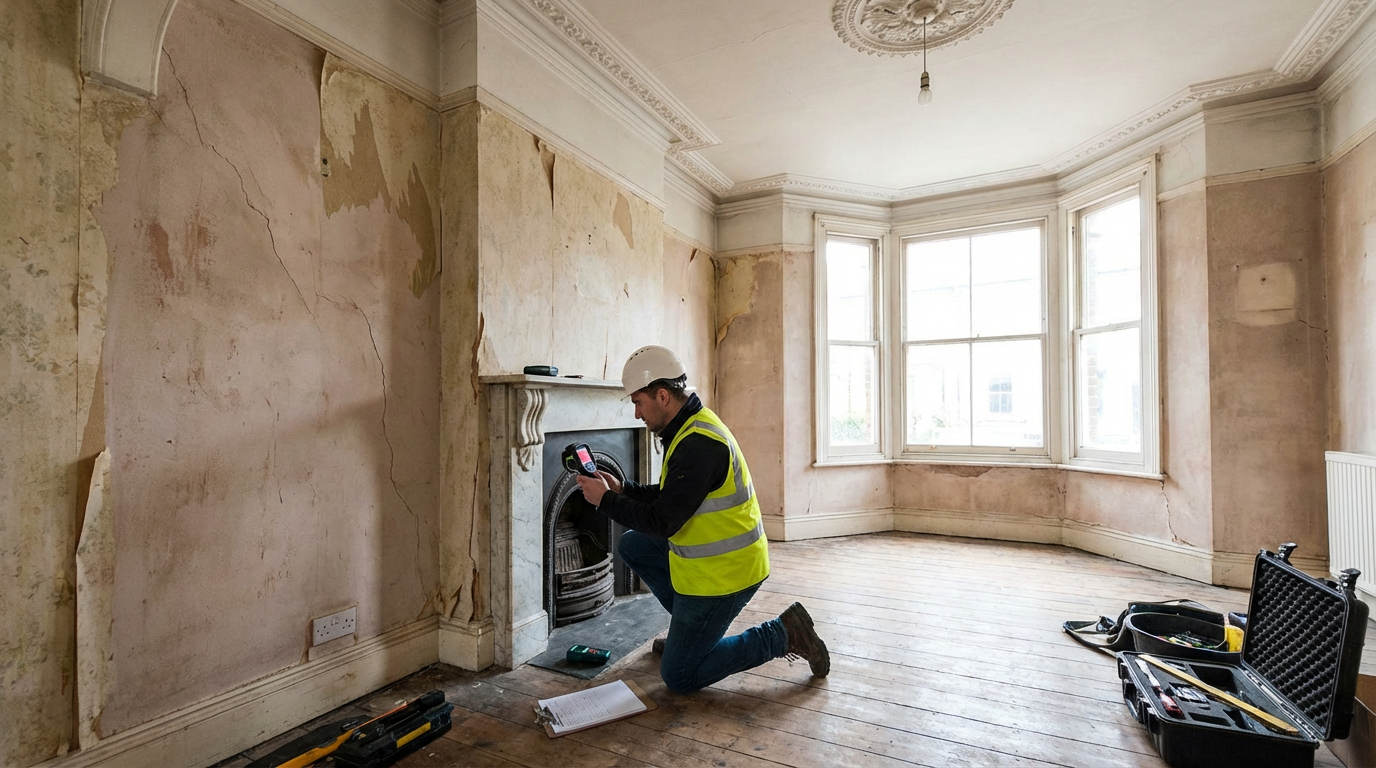 Chartered surveyor conducting a full Level 3 building survey inside a Victorian property