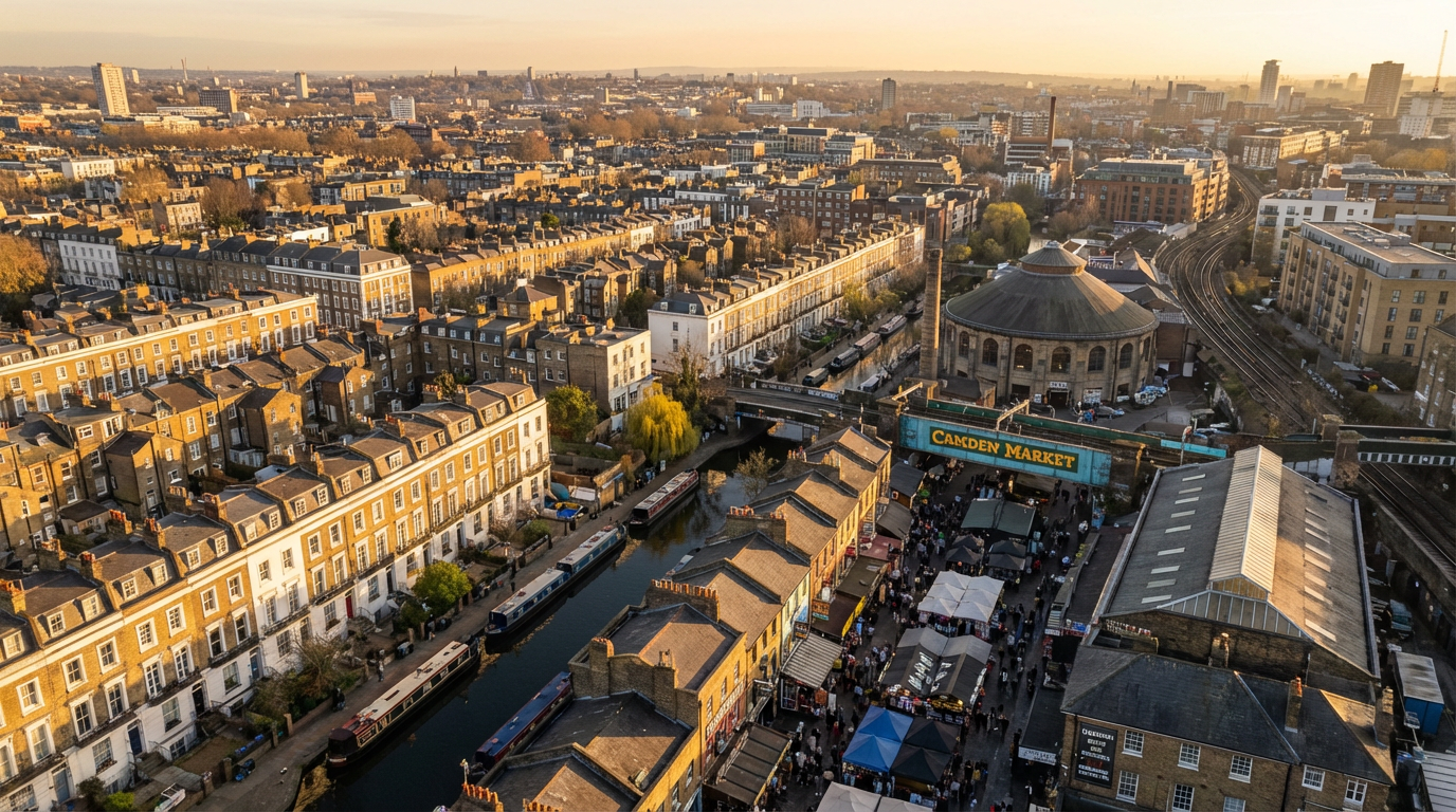 Aerial view of Camden Town showing Georgian and Victorian terraced properties along the canal