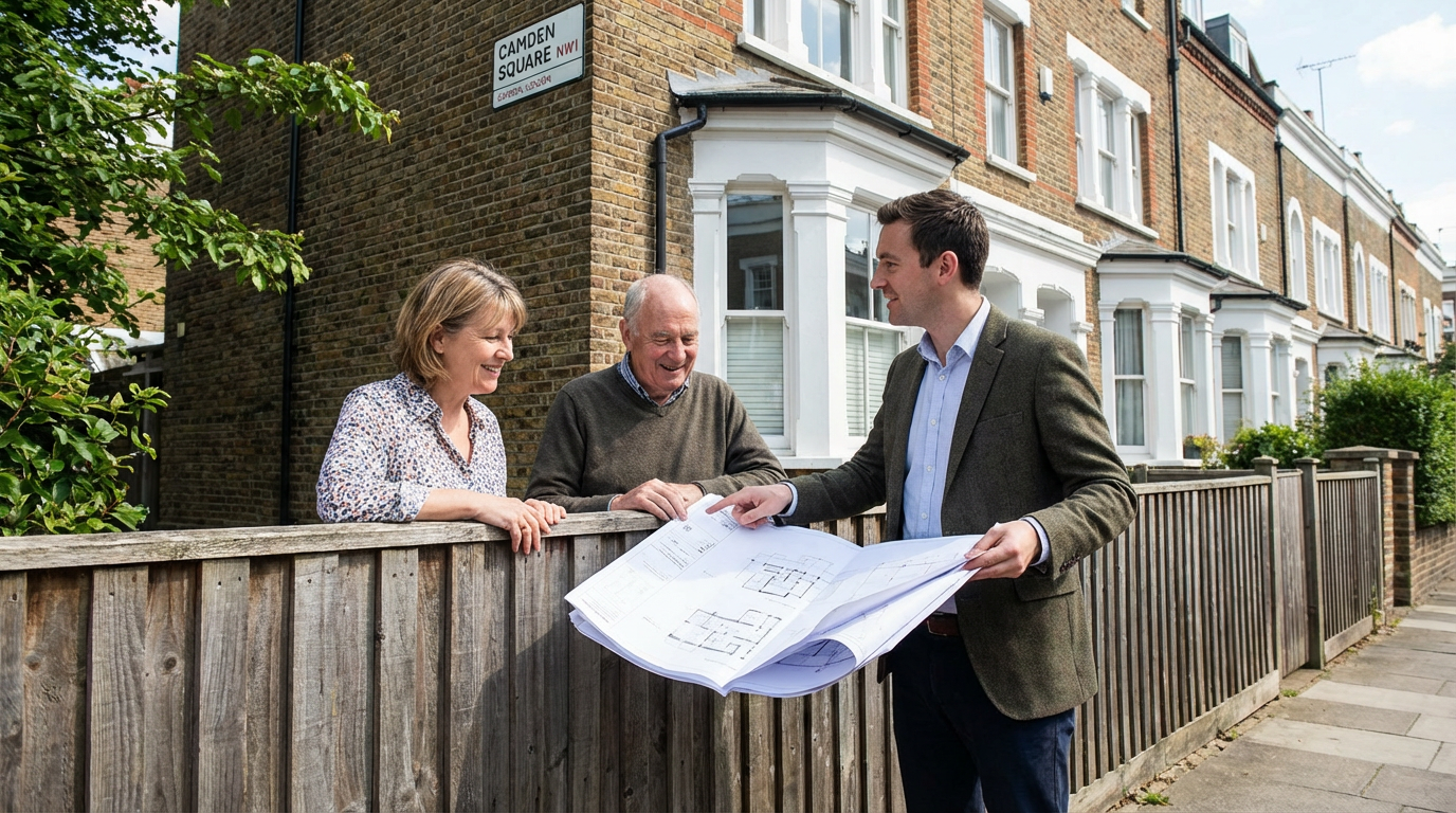 Party wall surveyors discussing boundary plans with two homeowners