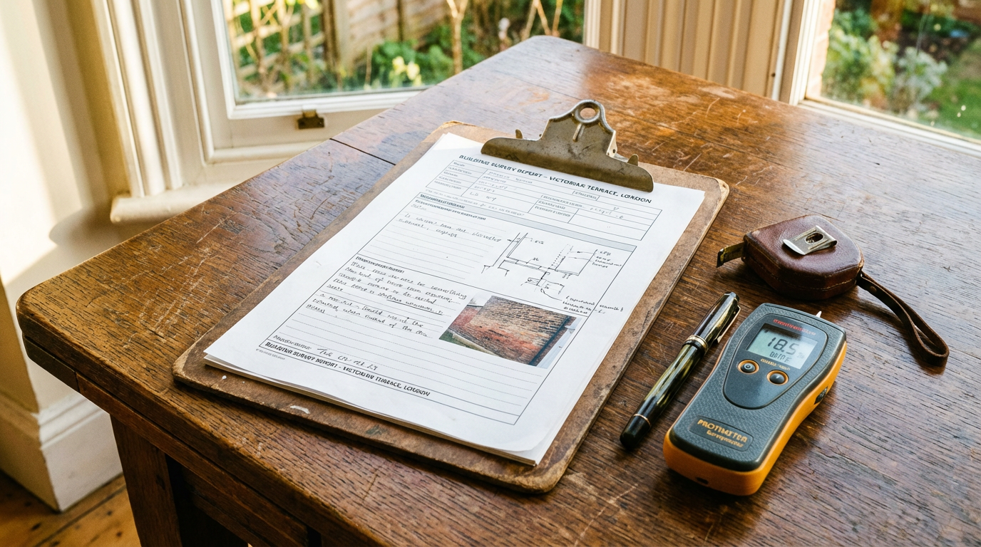 Surveying tools and professional building survey report on a desk in a Camden property