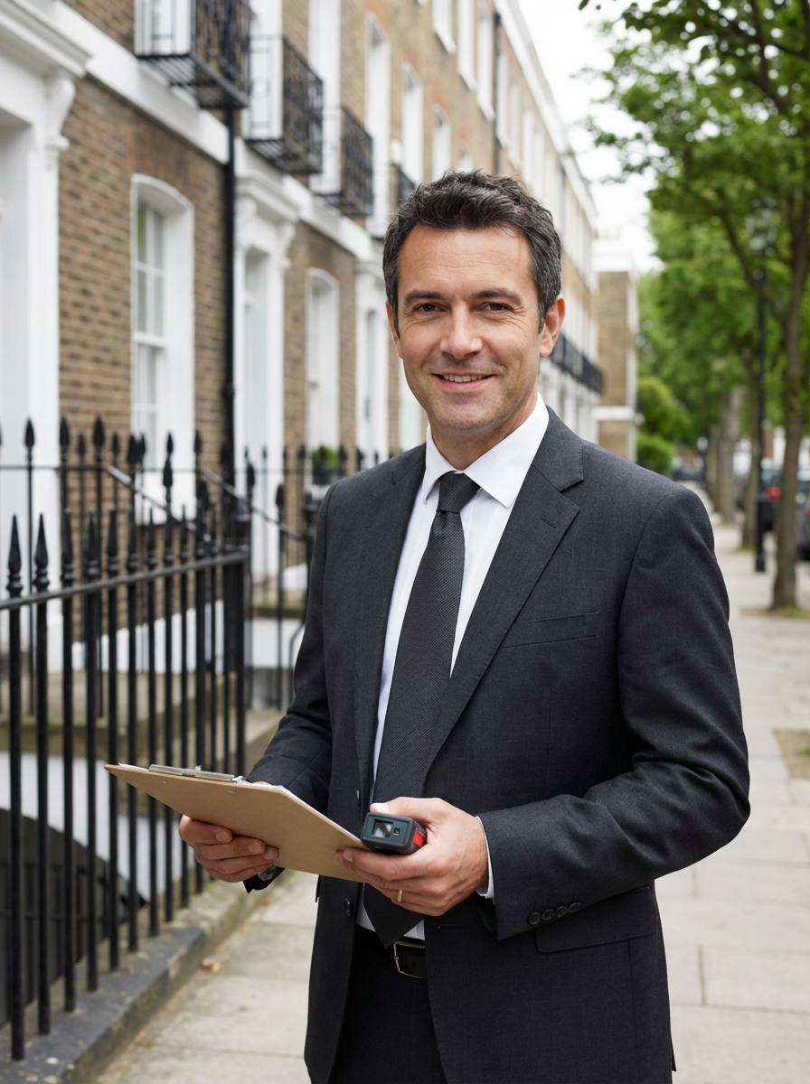 James Hartley, Principal Surveyor at Camden Surveyors, standing outside a Georgian property in Camden
