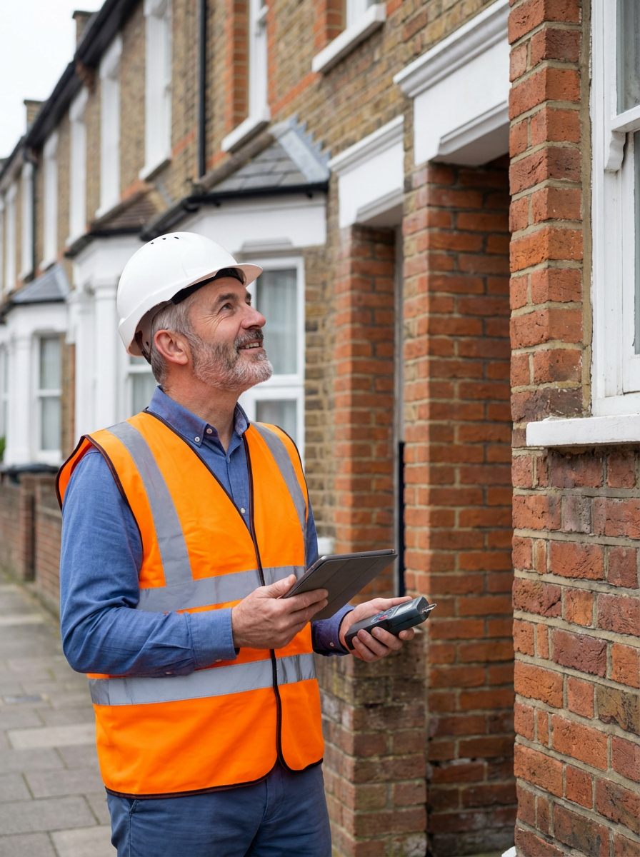 Robert Chen, Building Surveyor at Camden Surveyors, wearing hi-vis and inspecting a London property exterior