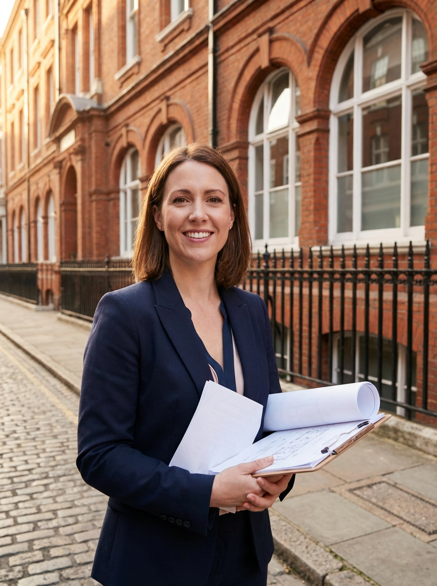 Sarah Mitchell, Senior Building Surveyor at Camden Surveyors, in front of a Victorian London building